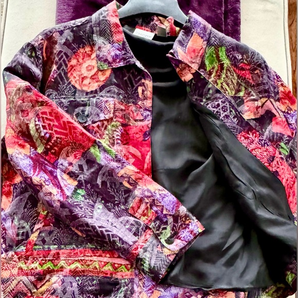 🩸Chicos Multicolor Silk Linen Blend Lined Collared Pockets Lightweight Jacket L - Picture 7 of 13